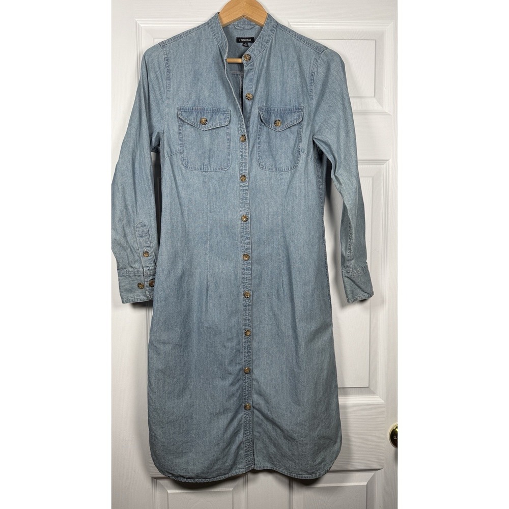 J. Peterman Denim Shirt Dress Cotton Collarless Pockets